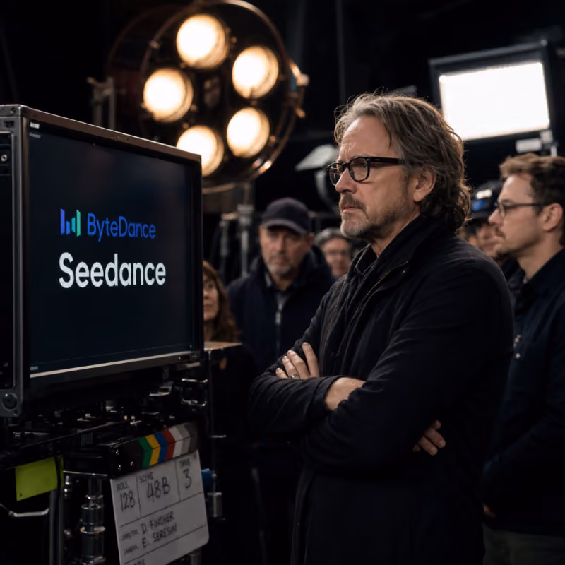 Photorealistic depiction: a director on a Hollywood film set looks skeptically at a large screen showing the ByteDance logo and the word "Seedance"; around him are film lights, a clapperboard, and crew members.