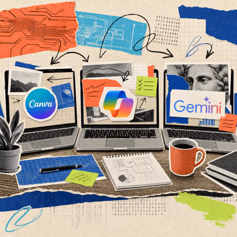 Three laptops open side by side on a desk, their screens showing paper bullet points turning into presentation slides – with logo stickers for Canva, Microsoft Copilot, and Google Gemini