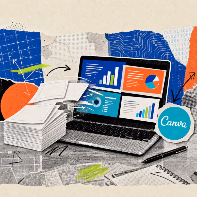 A laptop screen shows colorful presentation slides with diagrams next to a Canva logo sticker on a desk with blank slide templates.