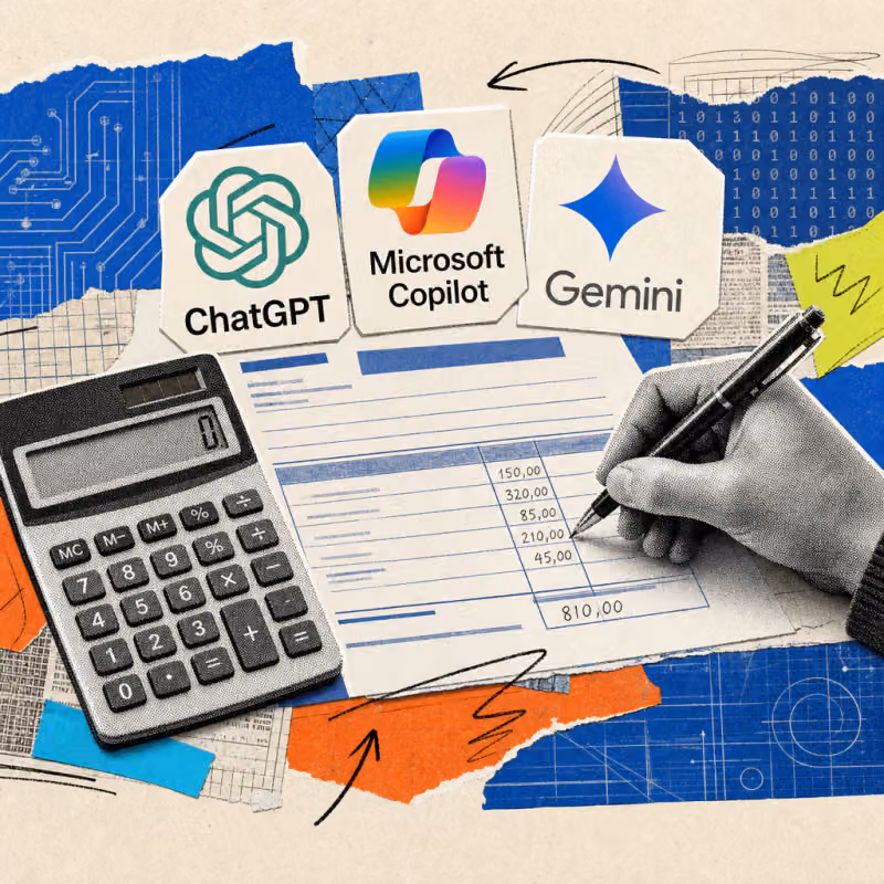 A hand writes numbers on an invoice form with a pen next to a calculator, with logo stickers from ChatGPT, Microsoft Copilot and Google Gemini on top.