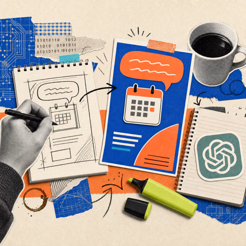 A hand sketches a flyer on a desk, which transforms into a finished, colorful poster, next to a ChatGPT logo sticker on a notepad.