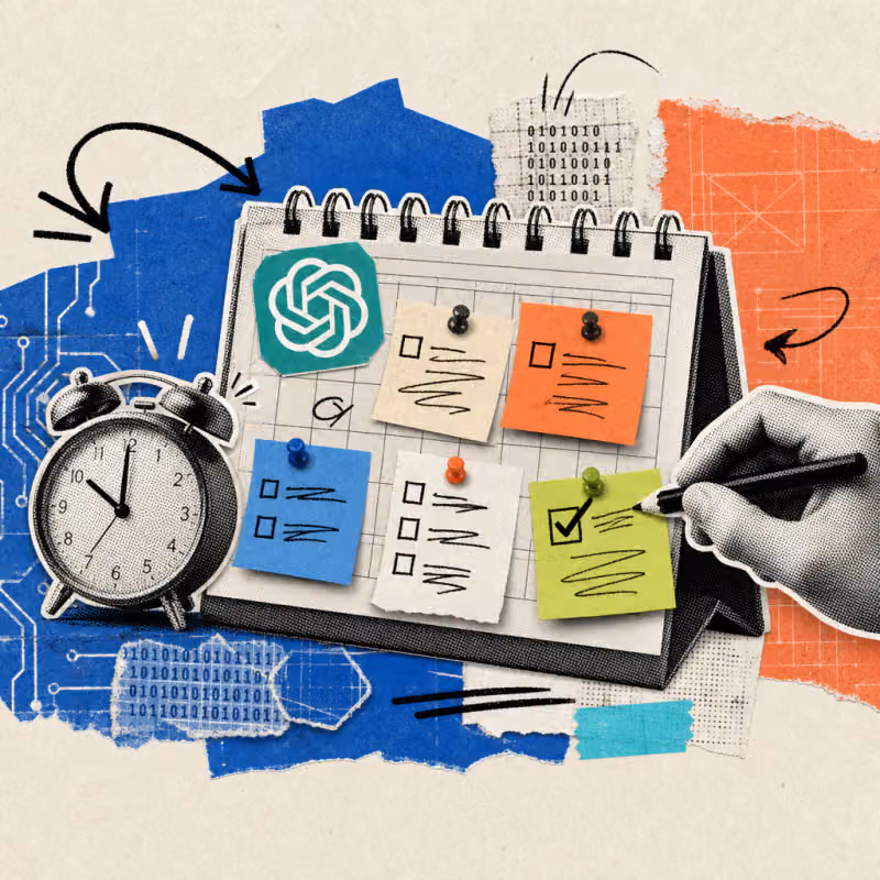 A desk calendar with several sticky to-do notes, one of them just checked off, next to a ticking alarm clock and a ChatGPT logo sticker.