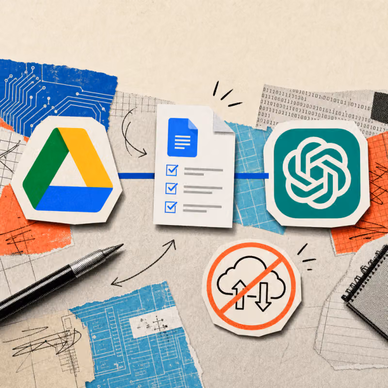 A Google Docs document with checkmarks floats on a connecting line between a Google Drive logo sticker and a ChatGPT logo sticker on a desk, next to a crossed-out upload-and-download symbol.