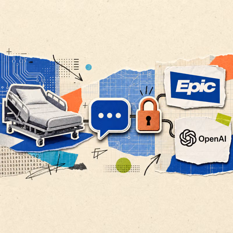 A hand holds a clipboard with a patient chart bearing the Epic logo, while a smartphone showing the OpenAI logo hovers in front of it with a speech bubble of data lines pointing toward the chart