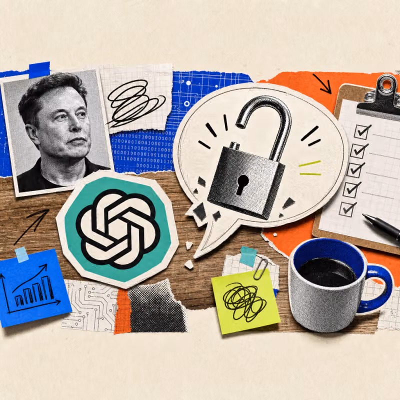 A ChatGPT logo sticker is stuck on a desk next to a speech bubble from which a broken padlock falls out.