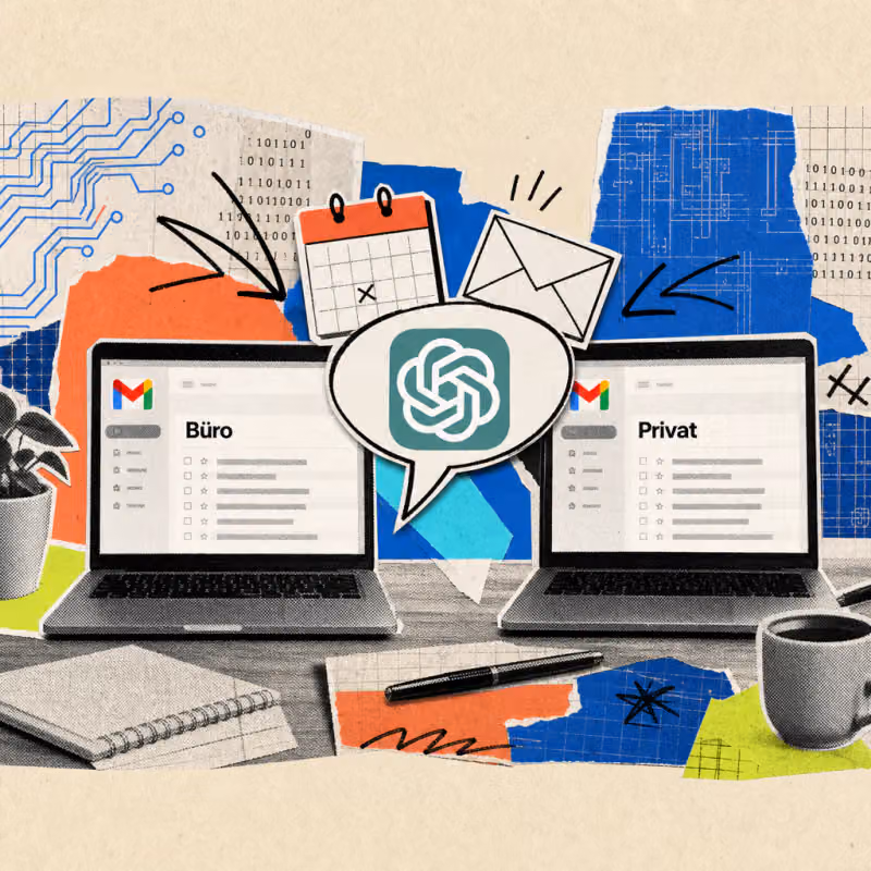 Two laptops on a desk each show a Gmail inbox, labeled “Work” and “Personal”, with a shared speech bubble carrying the ChatGPT logo between them, from which a calendar page and an envelope emerge.