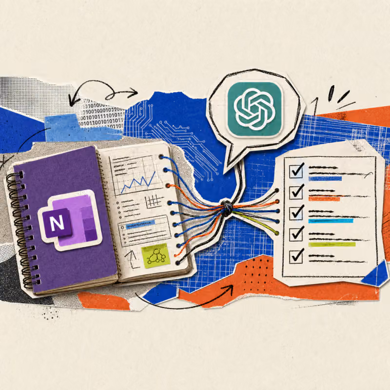 A notebook with a OneNote logo sticker sits on a desk, a thread connects the pages to a speech bubble with a ChatGPT logo that bundles them into a checklist with checkmarks.