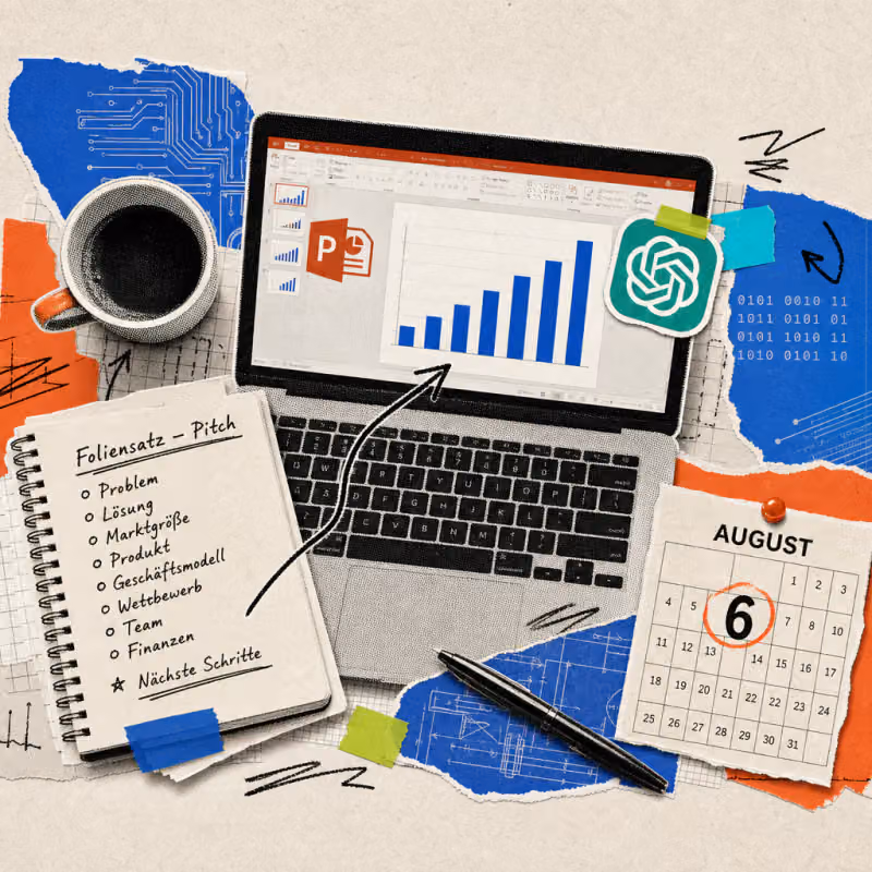 A laptop screen shows a PowerPoint slide with a bar chart next to a notepad with bullet points, a ChatGPT logo sticker is stuck on the edge of the screen.