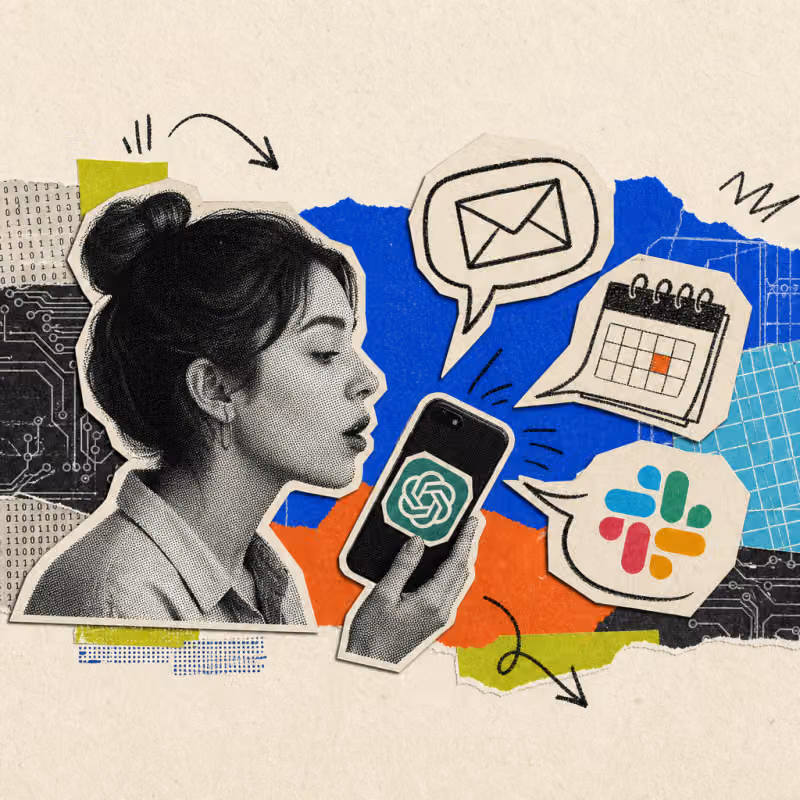 A person speaks into their smartphone with a ChatGPT logo sticker, next to floating drawn symbols for an envelope, a calendar, and the Slack symbol.