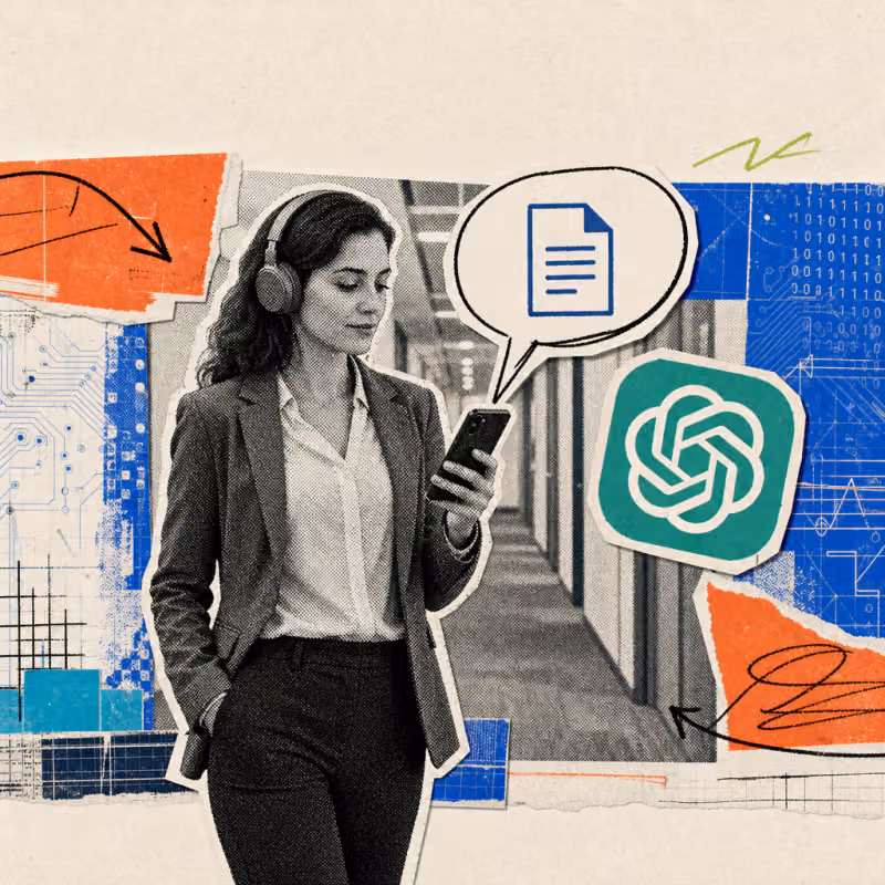 An employee walks down a hallway wearing headphones and holding a smartphone, a speech bubble with a document icon floats from the phone, next to a ChatGPT logo sticker
