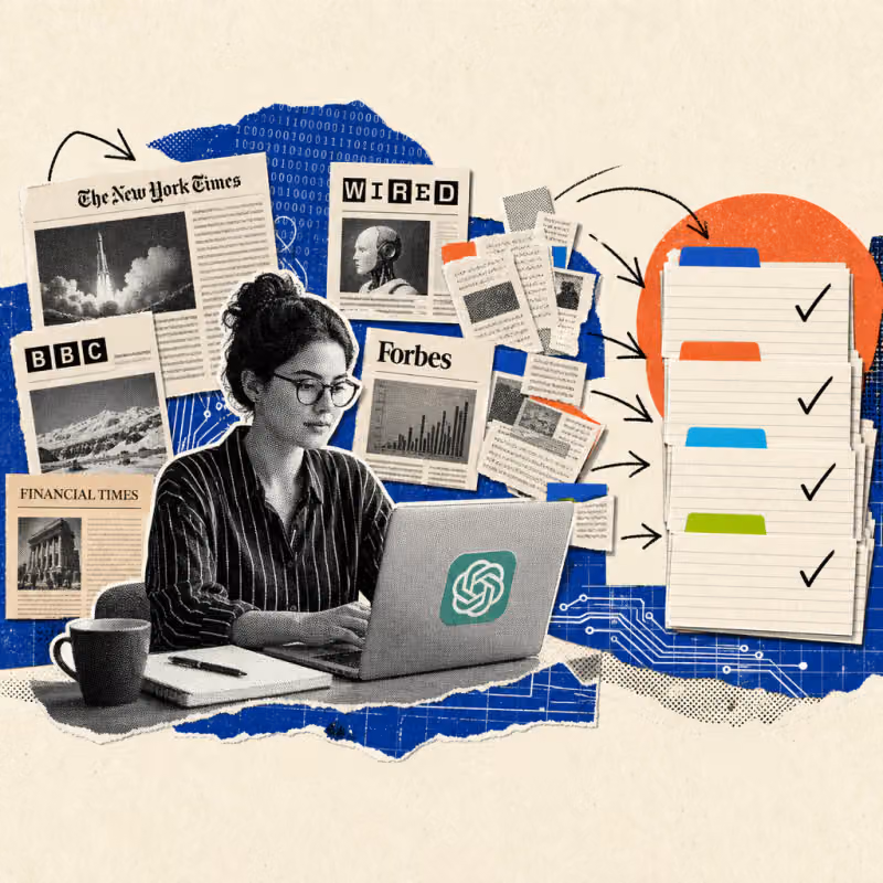 An office worker sits at a laptop with a ChatGPT logo sticker, surrounded by floating clipped web page fragments arranging themselves into a stack of index cards with checkmarks.
