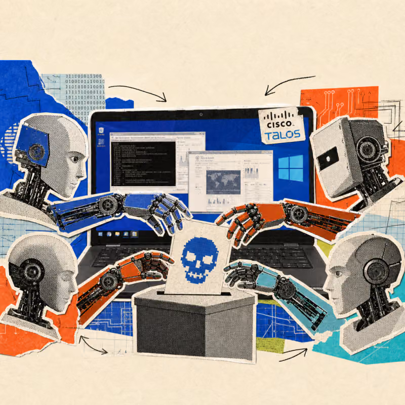 Four robot heads each reach out a mechanical hand to vote on a ballot marked with a skull icon, with a laptop showing Windows windows and a Cisco Talos logo sticker in the background.