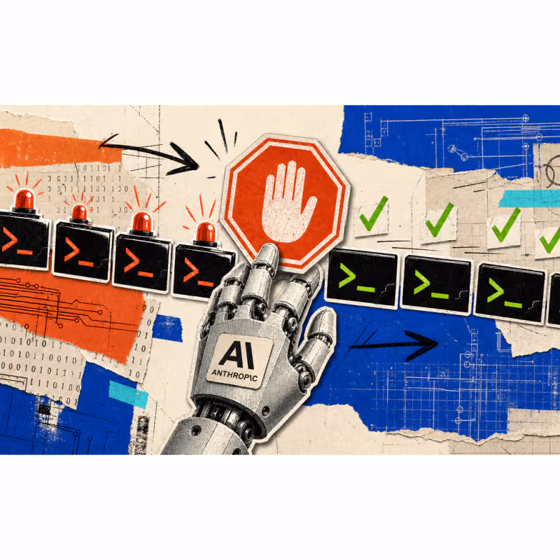 A robotic hand with the Anthropic logo holds a red stop sign in front of a series of flashing command line symbols, while other commands continue to run unhindered in green.