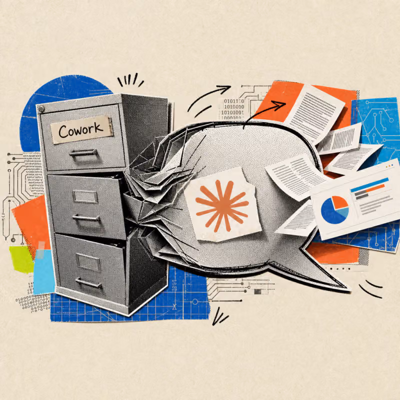A filing cabinet labeled Cowork merges into a speech bubble bearing a Claude logo sticker, with document pages and a presentation slide flowing out of it.