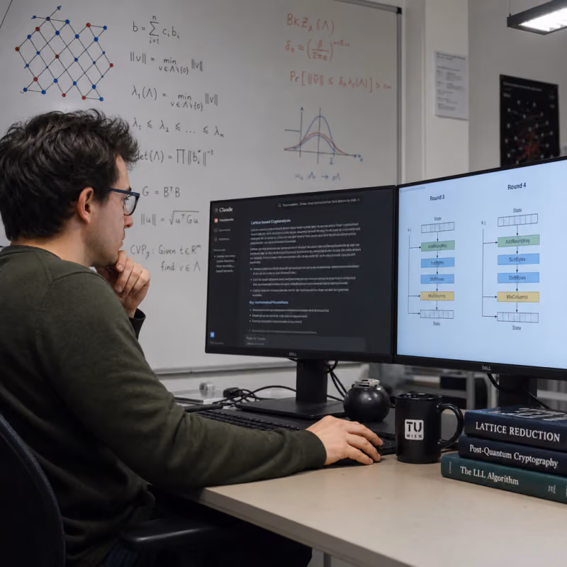 Cryptography researcher examines lattice diagrams and cipher round schematics on two monitors alongside a running analysis in Anthropic's Claude interface