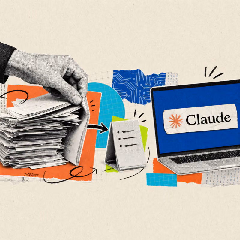 A hand folds a thick stack of paper documents into a short bullet-point list, next to a laptop screen with the Claude logo.