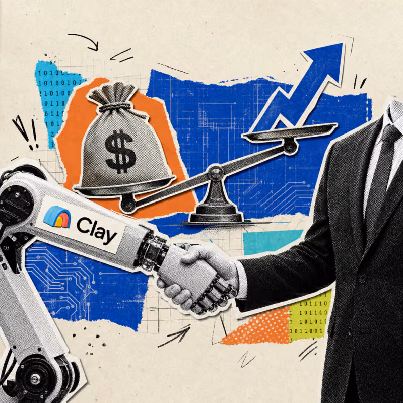 A robotic arm with a Clay logo sticker shakes hands with a man in a suit, while in the background a money bag tips a scale toward a rising arrow.