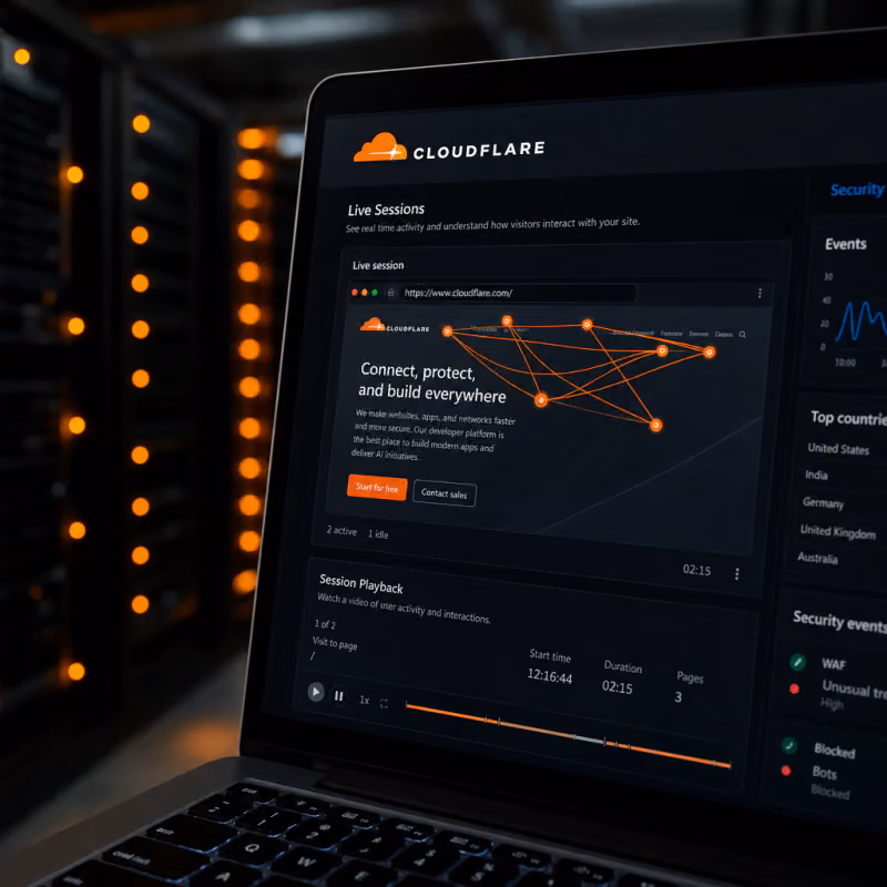 Laptop screen with Cloudflare dashboard visualizing a browser session with mouse movement and scroll tracking lines