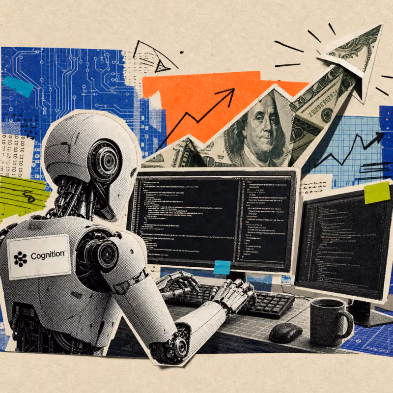 A robot with a Cognition logo sticker sits at a keyboard in front of lines of code, while in the background a dollar bill folds itself into a steeply rising arrow.