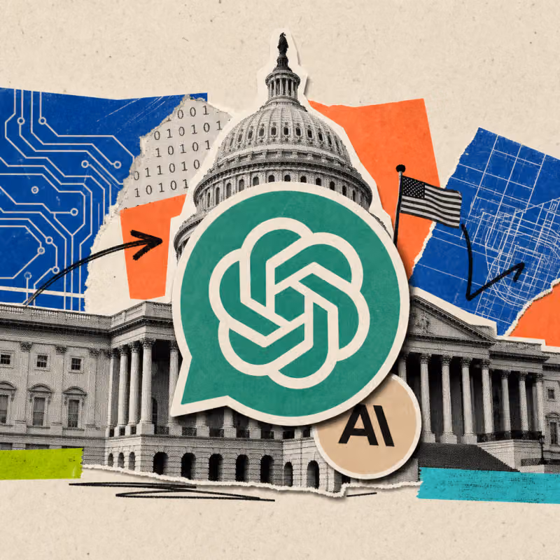 The US Capitol with a large ChatGPT speech-bubble sticker in the foreground, almost covering a small Anthropic Claude logo