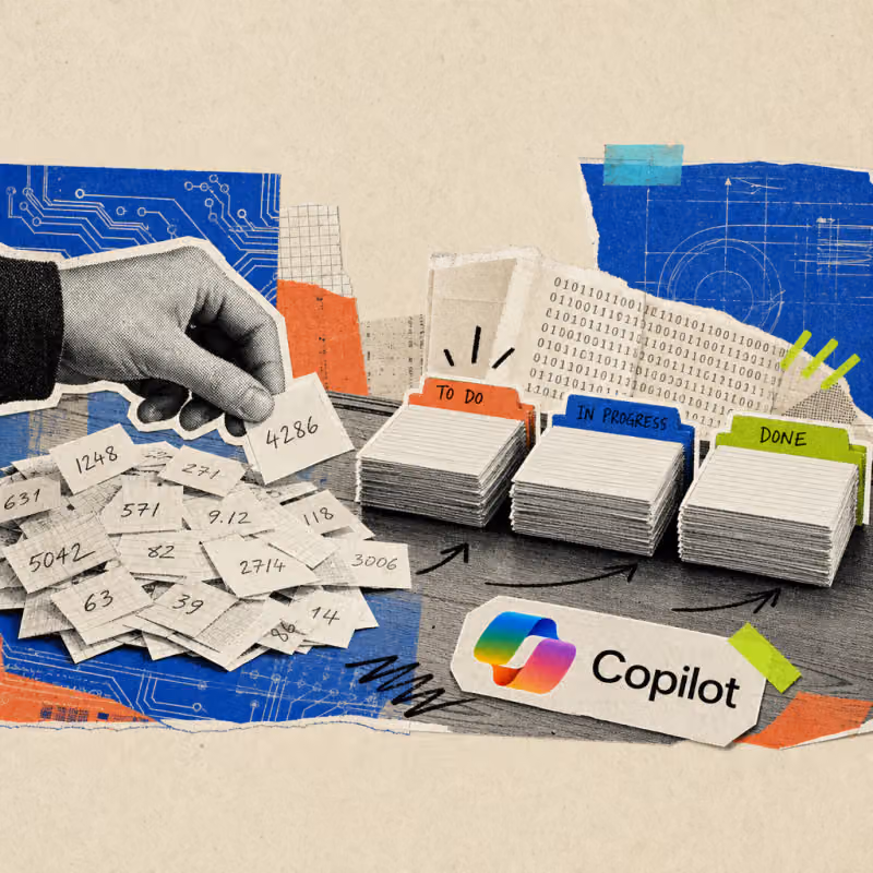 A hand sorts a pile of loose, handwritten number slips on a desk into neatly labeled stacks, next to it is a Copilot logo sticker.