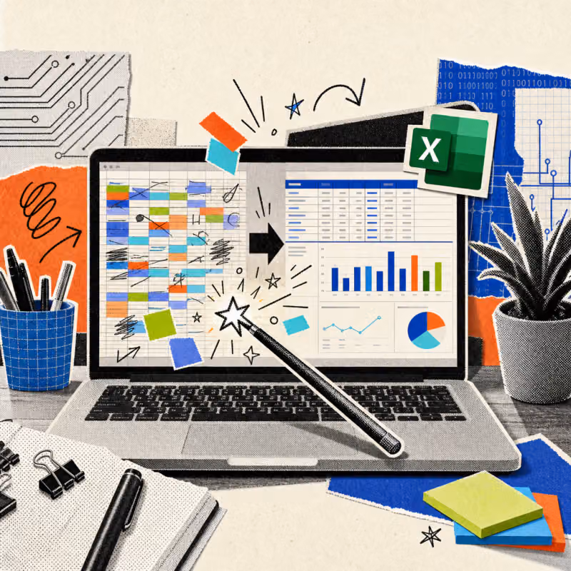 A laptop screen shows a messy table turning into a color-coordinated Excel table with charts, with an Excel logo sticker next to it.