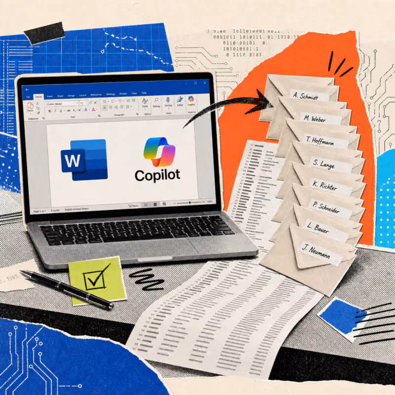 A laptop displays a Word document with the Copilot logo, next to it is a stack of personalized envelopes with different names, fanned out from a mailing list.