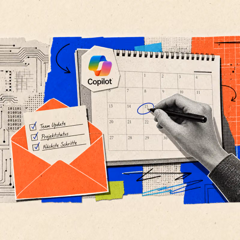 A hand adds an appointment to an office wall calendar, next to it lies an open email envelope with an agenda checklist, a Copilot logo sticker sits on the calendar's edge.