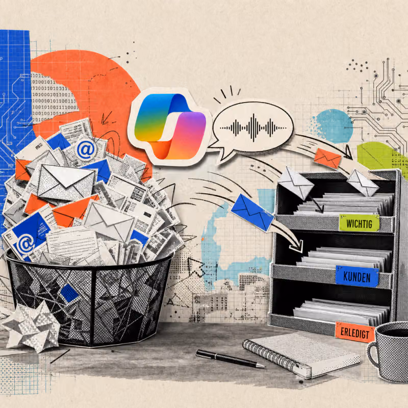 A Microsoft Copilot logo sticker floats over a desk while a speech bubble with sound waves sorts letters into labeled filing trays as an overflowing inbox tray empties.