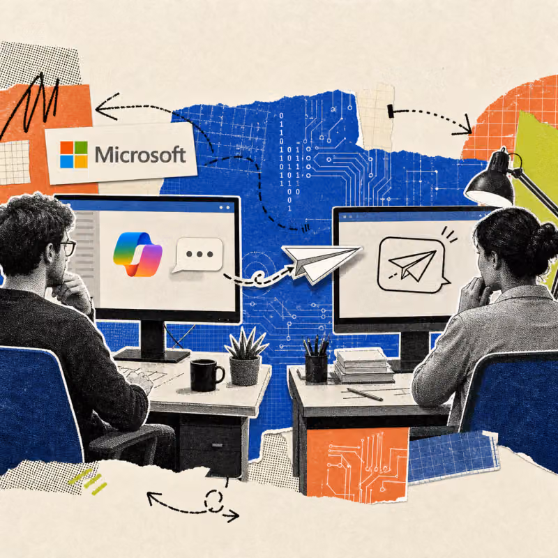 A chat window with the Microsoft Copilot logo sends a speech bubble as a paper airplane to a neighboring screen.