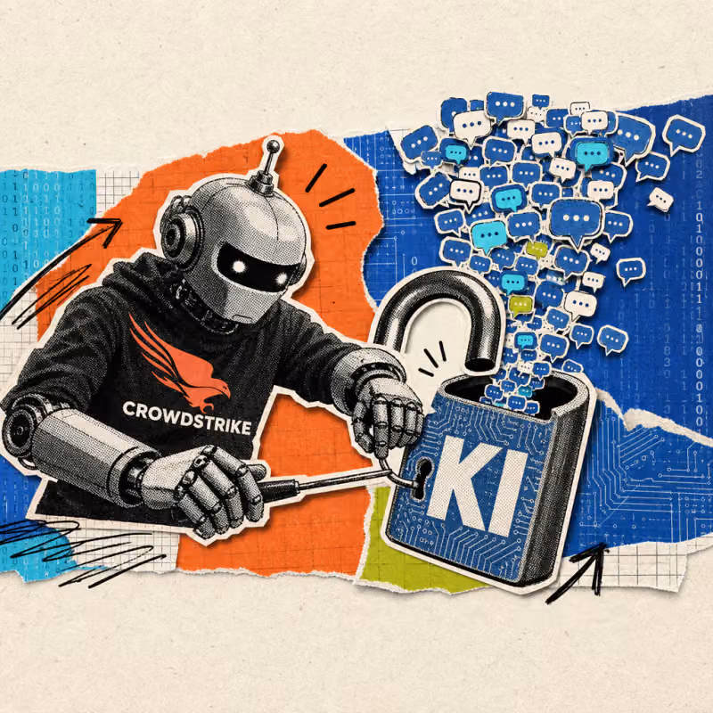 A robot with a CrowdStrike falcon logo on its chest picks a digital padlock labeled “AI” with a lockpick, spilling tiny chat speech bubbles.