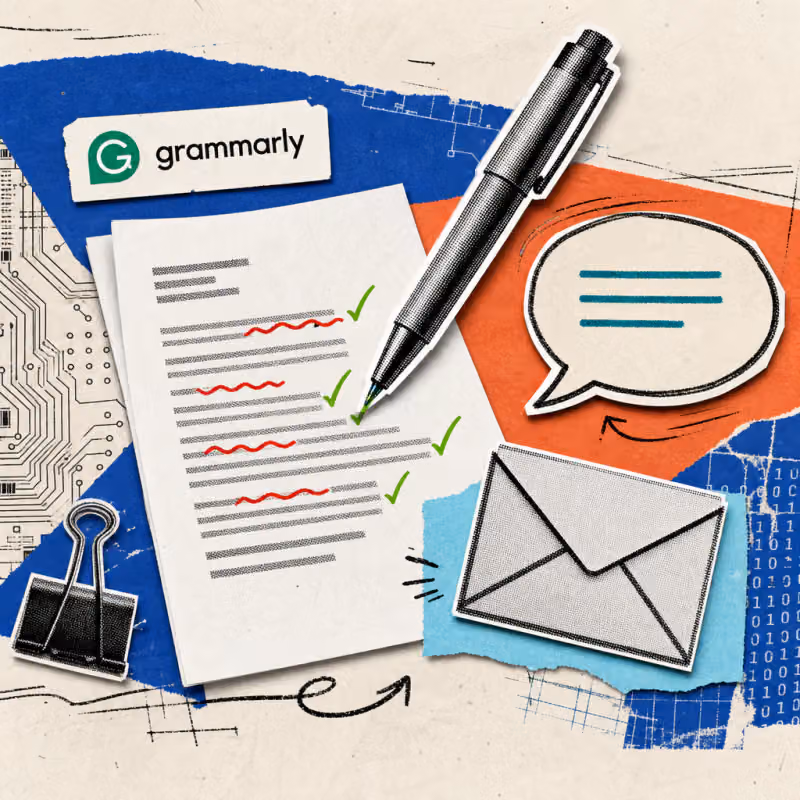 A business letter with red correction squiggly lines under several words, above it an oversized pen that turns the lines into green checkmarks, next to it an envelope symbol.