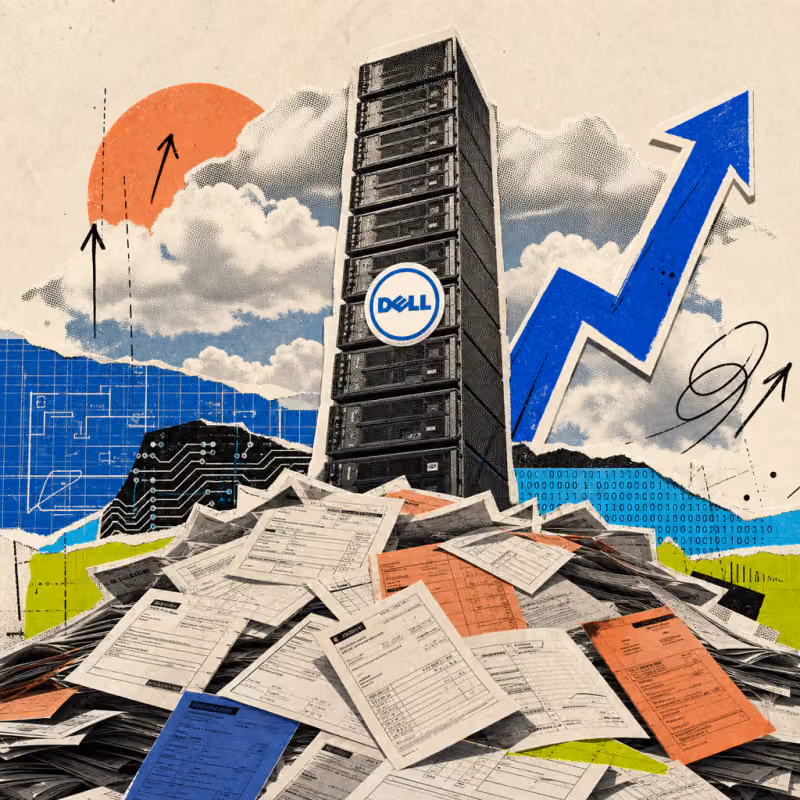 A rack of servers with a Dell logo sticker towers over a city skyline, with a stack of order slips below it and a blue arrow pointing sharply upward