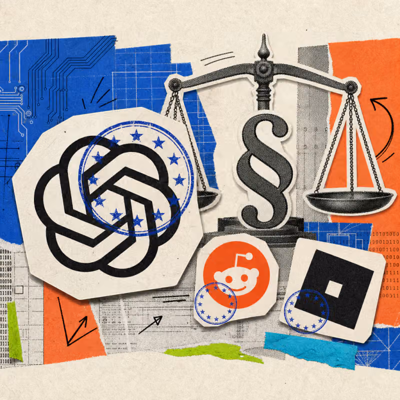 An EU star-ring stamp presses onto the ChatGPT logo, while smaller Reddit and Roblox logo stickers next to it receive the same stamp imprint, with a scale bearing a paragraph symbol in the background.