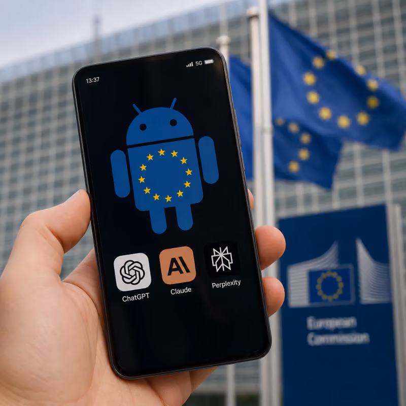 Symbolic depiction of an Android smartphone with AI assistant app icons and an EU star circle in the background in front of the European Commission