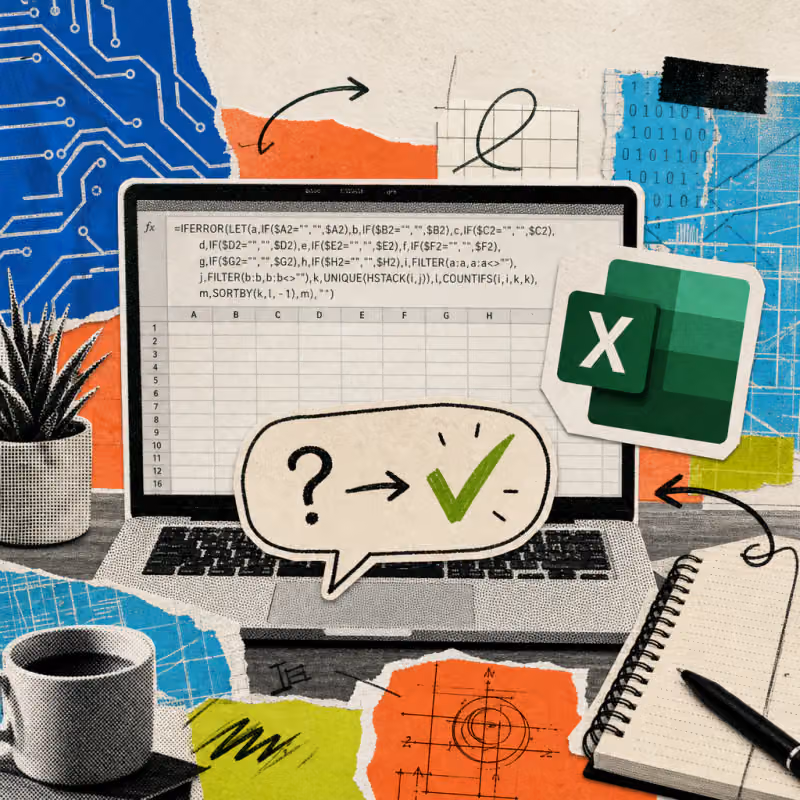 A laptop screen shows an Excel table with a long formula, next to it an Excel logo sticker and a speech bubble in which a question mark turns into a checkmark
