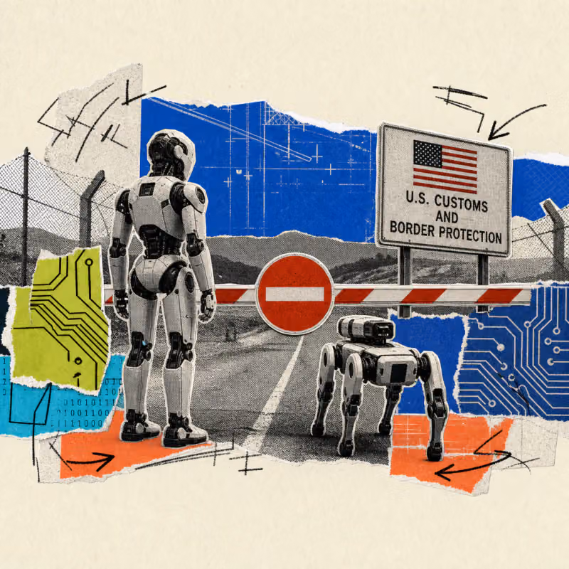 A humanoid robot and a robotic dog stand in front of a closed border barrier with a red prohibition symbol, in the background a customs sign with the US flag.