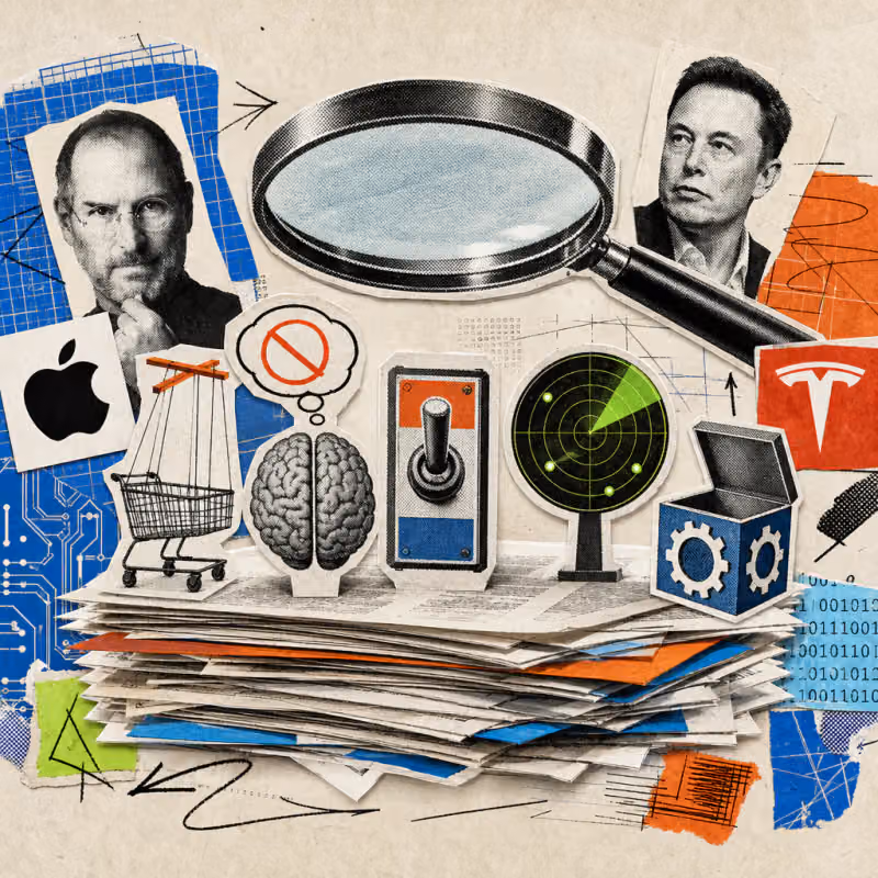 A magnifying glass over a stack of academic papers, from which a thread-controlled shopping cart, an open brain with a crossed-out thought bubble, a toggle switch, a radar screen, and a building block cube with gear pattern protrude