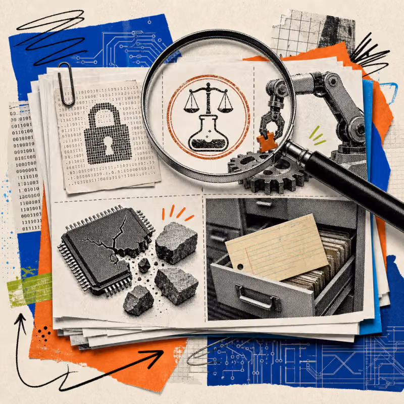 A magnifying glass hovers over a stack of technical papers with five cutouts: a sheet whose ASCII character pattern forms a hidden padlock, a certification seal with a scale symbol over a chemistry flask, a robotic arm fitting a crooked block into a gear system, a computer chip crumbling into three coarse stone blocks, and an open file drawer from which a yellowed index card is pulled instead of a fresh one.