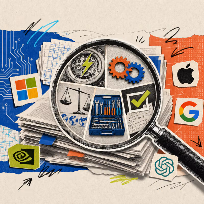 A magnifying glass shows five excerpts from a stack of academic papers: a clockwork with a lightning symbol, two merging gears, an unevenly loaded scale over small world map symbols, a neatly sorted toolbox, and a checkmark next to a partially covered cheat sheet.