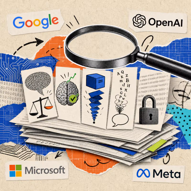 A magnifying glass hovers over a stack of research papers from which five symbols emerge: a noisy speech bubble tips a scale from neutral to biased, a brain icon carries a checkmark and an upward arrow, a data box folds accordion-style into a single point, a chain of letters condenses into a single concept speech bubble, and a padlock stands before a fading, repeating strip of text.