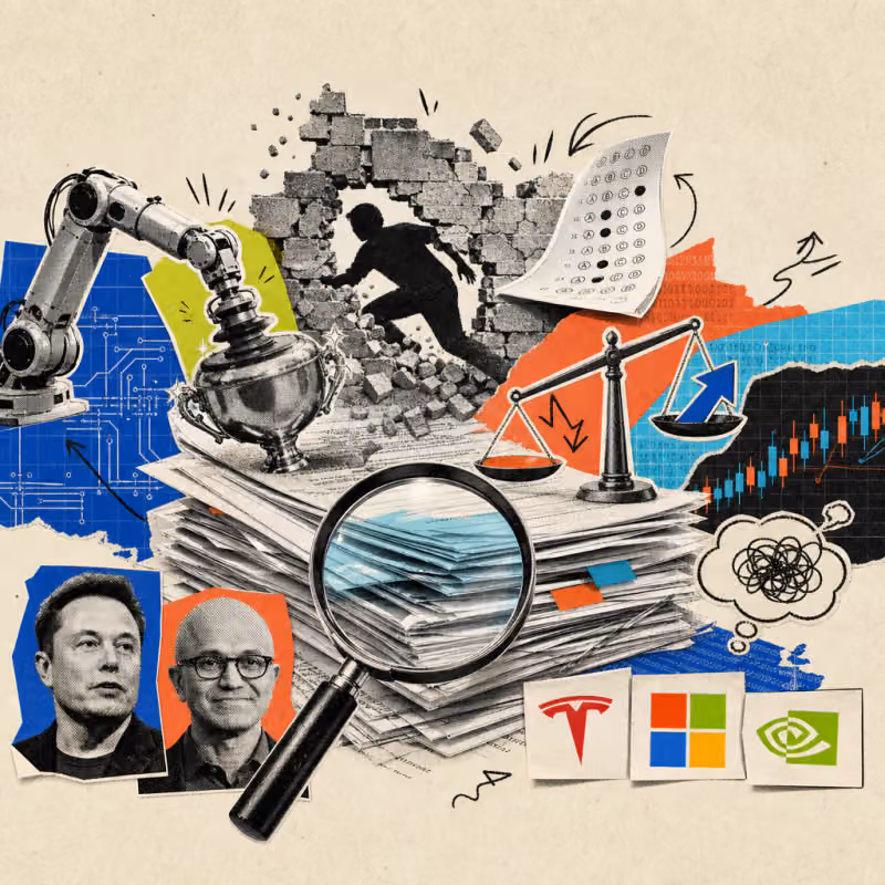 A magnifying glass over a stack of technical papers, from which protrude a crumbling wall with a shadow slipping through, a spinning multiple-choice sheet, a robotic arm still polishing an already-finished object, a scale with two bowls tipping in opposite directions, and a stock chart with a thought bubble