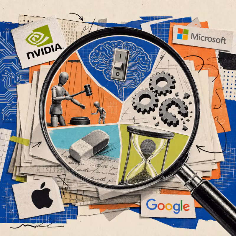 A magnifying glass hovers over a stack of academic papers showing five vignettes: an opened circuit-board brain with a flipped light switch inside it, a puppet figure with a judge's gavel inspecting a smaller puppet, two interlocking gears next to a third, broken gear, an eraser hovering over half re-emerging handwriting, and a coin trickling through an hourglass instead of sand.