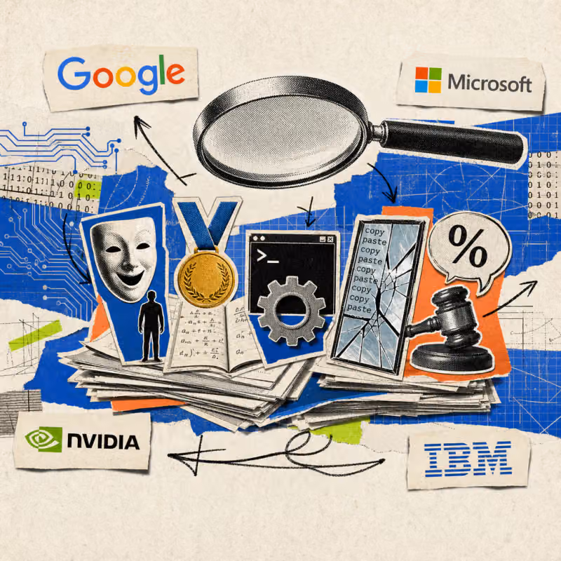 A magnifying glass hovers over a stack of academic papers, from which five symbols protrude: a theater mask in front of a small human figure, a gold medal over an open math proof, a terminal window with a gear, a shattering mirror with repeating lines of text, and a judge's gavel next to a speech bubble with a percent sign.
