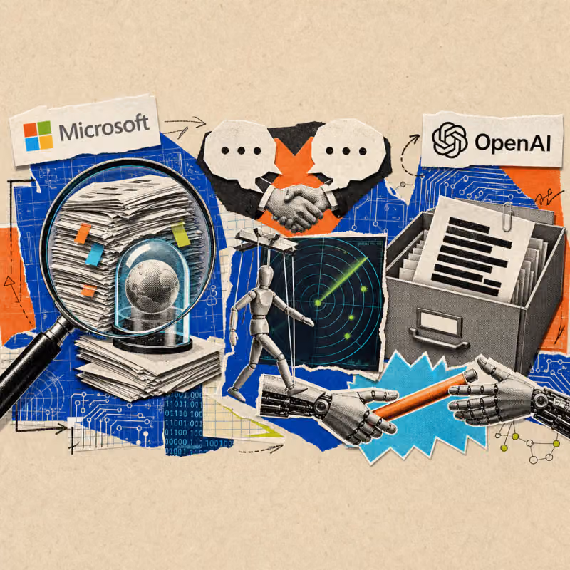 A magnifying glass over a stack of academic papers, from which a sphere trapped in a glowing dome, a puppet slipping past a radar screen, two identical speech bubbles shaking hands over a hidden cross, a filing drawer with a redacted document, and a baton passed between two robotic hands emerge.