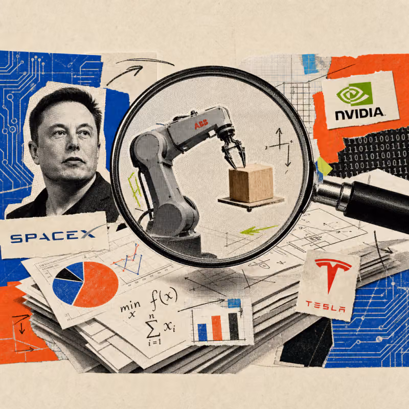 An oversized magnifying glass hovers over a stack of printed pages covered in diagrams; inside the lens, magnified, a small robotic arm balances a wooden block