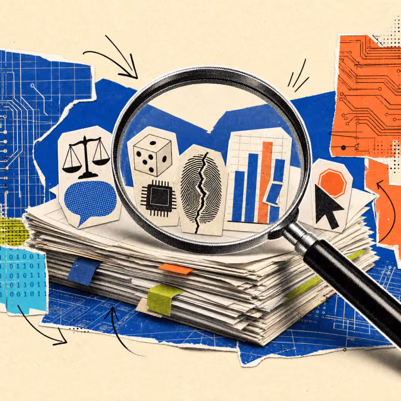 A magnifying glass hovers over a stack of academic papers, from which five symbols protrude: a scale above a speech bubble, a die next to a memory chip, a cracked fingerprint, a bar chart with shifted bars, and a mouse pointer in front of a stop sign.