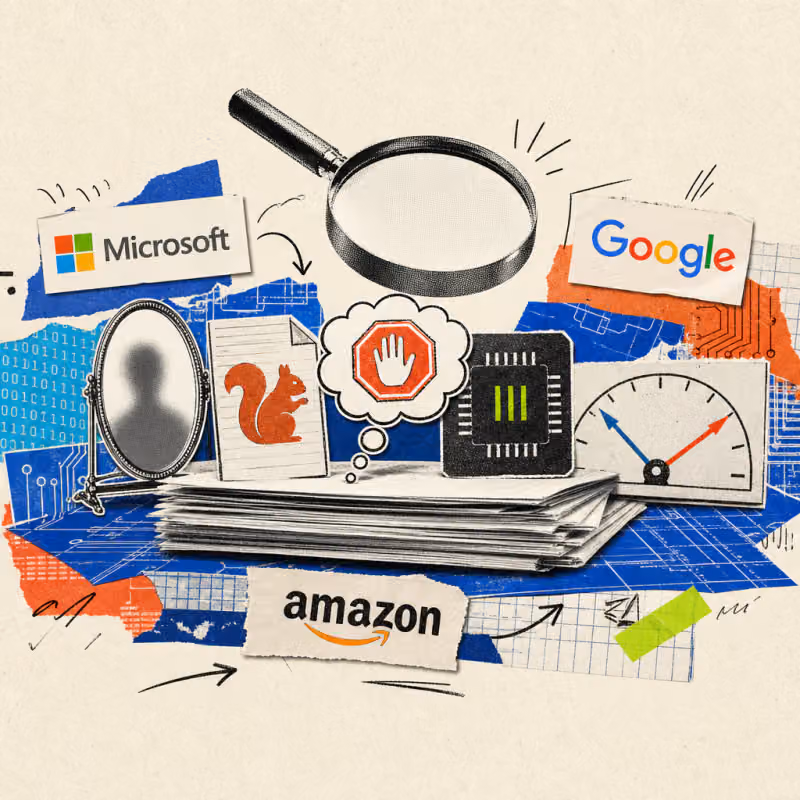 A magnifying glass hovers over a stack of academic papers, from which five symbols protrude: a mirror with a blurred, faceless silhouette, a document with a freely invented squirrel symbol, a thought bubble with a wobbly stop sign, a compressed microchip with three bit lines, and a trust display with widely spaced pointers.