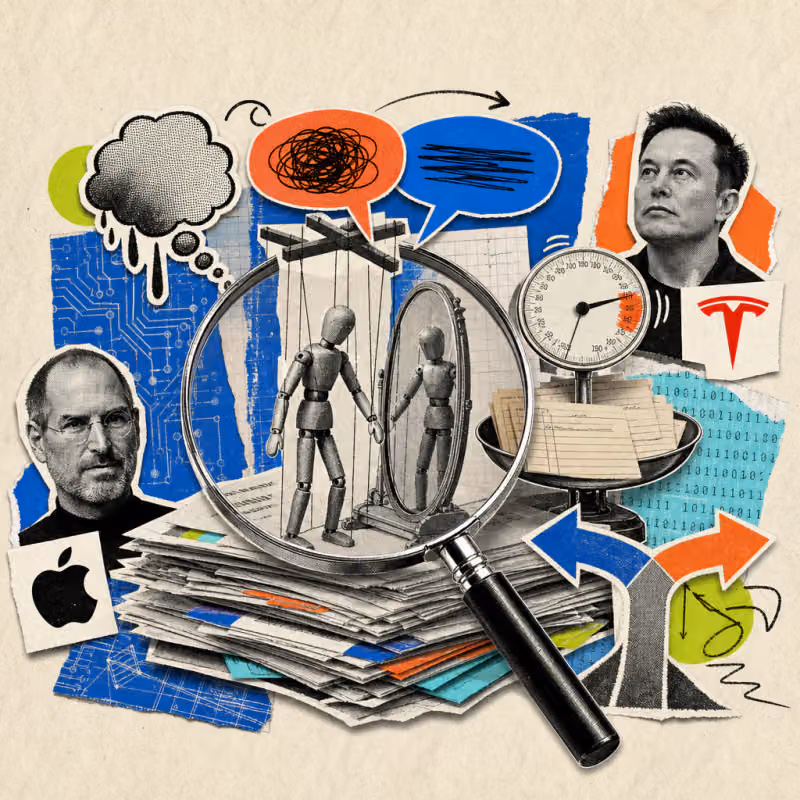 A magnifying glass over a stack of research papers, from which a marionette in front of a mirror with two contradictory speech bubbles, a dripping thought bubble, a scale with a wavering needle over index cards, and a fork in the road with two arrows emerge