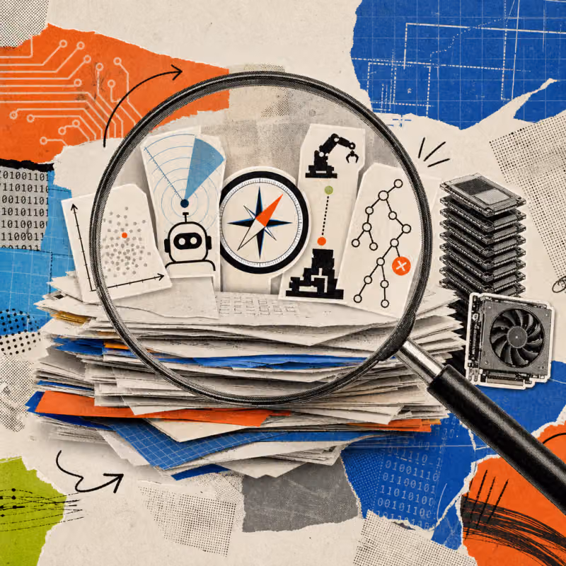 A magnifying glass hovers over a stack of research papers from which five symbols emerge: a training chart with a single highlighted data point among many grayed-out points, a radar search cone over a digital agent icon, a compass arrow between two differently shaped machine silhouettes, a branching tree with a red-marked error node, and a tower of stacked memory cards next to a small graphics card.